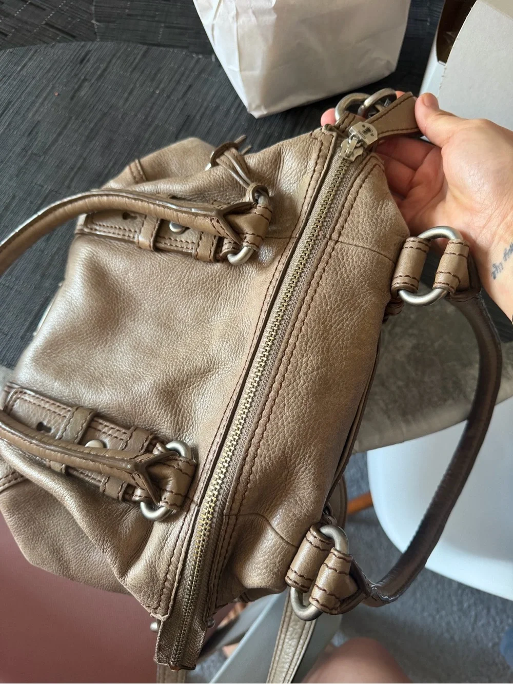 Fossil Taupe Pebbled Leather Shoulder Bag